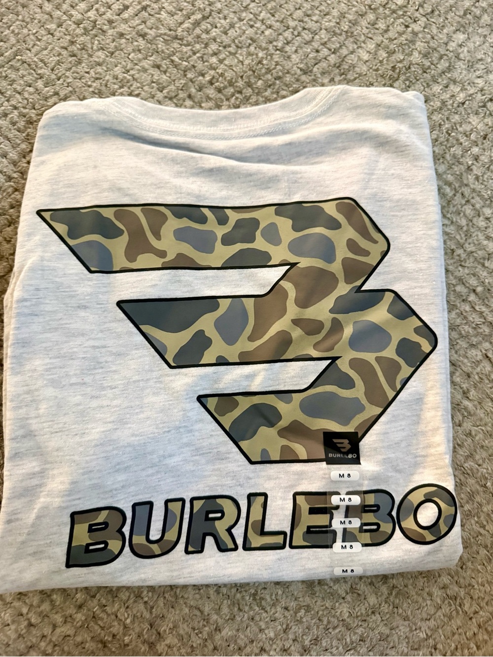 BURLEBO White Tee with Olive & Brown Camo Logo NWT